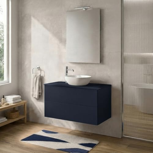Mobile da bagno sospeso 100 cm Blu con top per lavabo e due cassetti Tierra
