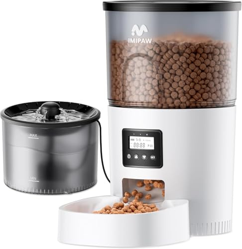 IMIPAW Automatic Cat Feeder and Water Fountain, Pet Dry Food Dispenser | Timed, Programmable Portion Control, 1-6 Meals Per Day, Cats Drinking Fountain with Filter, Small Pets, 3L Combo