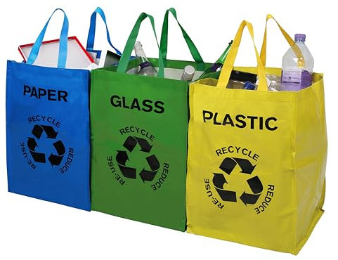 Premier Housewares Recycling Bags / Recycling Bin / Plastic Glass Paper Recycling Bags / Recycling Bags with Handles / Multicoloured Recycling Bin - Set of 3