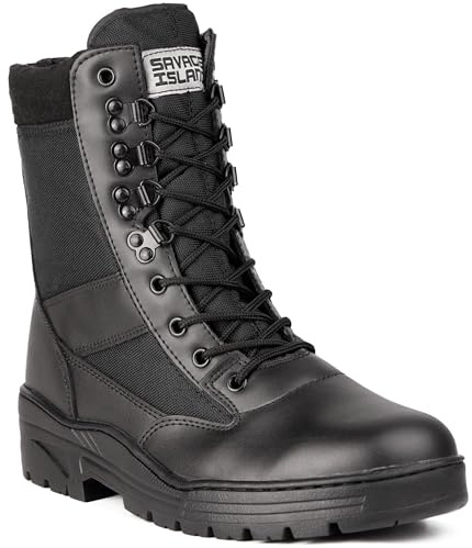 Savage Island Leder Stiefel Kampfstiefel Einsatzstiefel mit Reissverschluss Militär Bundeswehr Wandern Tactical Boot Schwarz, 44 EU