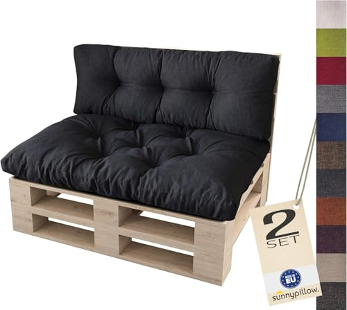 sunnypillow Palettenkissen für Palettenmöbel - 2er Set - Palettenauflage 120 x 80 für Palettensofa - Palettenpolster für Garten, Gesteppte Kissen für Europaletten - Sitzkissen & Rückenkissen Schwarz