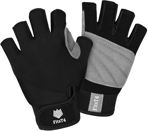FitsT4 Sports Half Finger Padded Palm Gloves for Diving, Sailing, Jet Skiing, Stand-UP Boarding, Kayaking and Water Skiing, Suitable for Men&Women&Youth Black XL