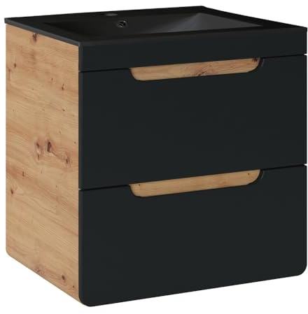Lomadox Badezimmer Waschtisch Set mit 61 cm Keramik-Waschbecken schwarz, Unterschrank seidenmatt anthrazit & Wotan Eiche Nb., 2 Softclose-Schubkästen