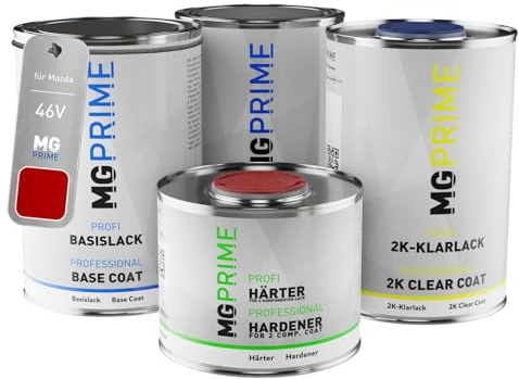 MG PRIME Autolack Dosen Set für Mazda 46V Soul Red Crystal Metallic 3,5L | Magmarot Metallic, Set aus Grundlack + Basislack + 2K Klarlack + Härter, Literware, spritzfertig