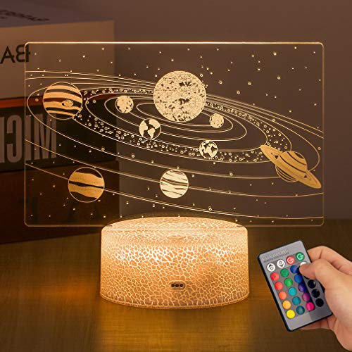 3D Optische Illusionslamp, Nachtlicht Lampe für Kinder, LED Licht Lampeund mit Fernbedienung für Weltraumliebhaber, Jungen und Mädchen als Geschenke-Sonnensystem