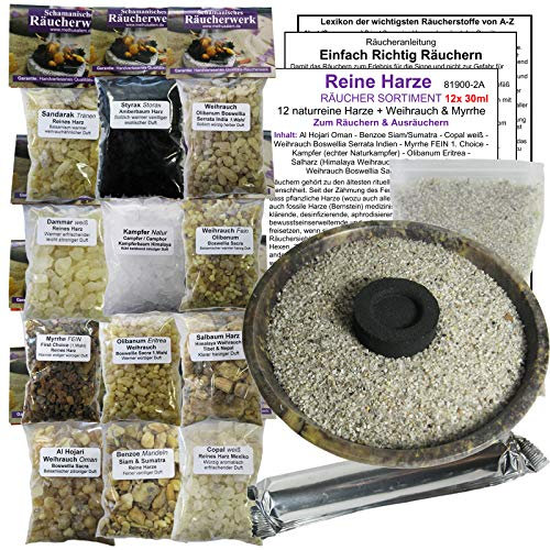 12x Räucherwerk WEIHRAUCH + BOSWELLIA + MYRRHE + AL HOJARI + Olibanum + Dammar + Styrax + BENZOE UVM. 17-TLG RÄUCHERSORTIMENT zum räuchern auf Räucherkohle & Sieb. 5X ZUBEHÖR. 81900-2AB12