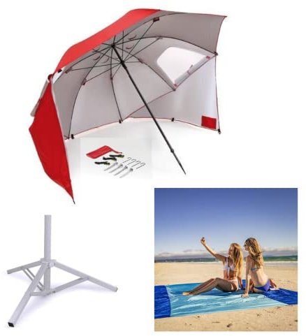 Beach Umbrella Tent Sun Shade Shelter 2.4m SET Beach Mat and Stand Inc. Portable, UPF 50+ UV Protection 2-4 person, beach, garden, fishing, camping (Red)