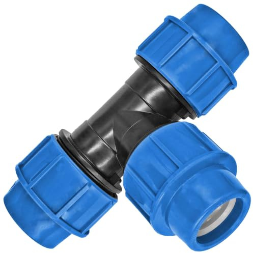 MegaHaustechnik T-Stück, 32mm, PP-Fitting Klemmverbinder | Trinkwasser geeignet, Druck 16 Bar, für PE-Rohr-Außendurchmesser 32mm, Abzweig 2-Wege, blau