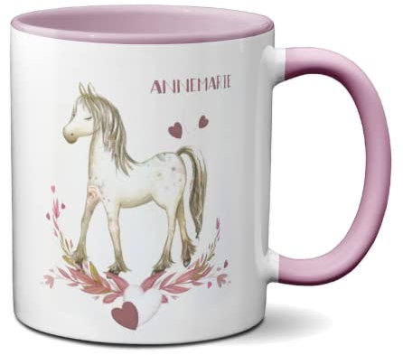 Pferde Tasse personalisiert mit Namen Pferdebecher Geschenk Mädchen Einschulung Befüllung Zuckertüte Erstklässler ABC Schützen Schulstart Pferdeliebhaber (Keramik Pferd Herz)