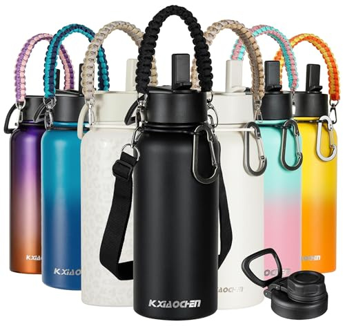 KXIAOCHEN 32 oz Insulated Water Bottle With Strap, Cold For 48 Hrs Leak Proof, Triple Wall Stainless Steel Sports Water Bottle With Straw And Spout Lid For Gym Hiking Travel