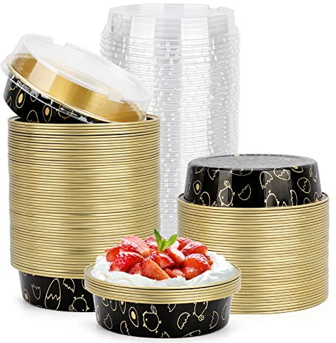 Beasea Mini Tart Pan 100 Pack with Lids, 4 Inch 8oz Gold Black Disposable Aluminum Baking Foil Tins Small Round Tart Containers for Individual Dessert Muffin Cheesecake Ramekins Quiche Oven Dishes