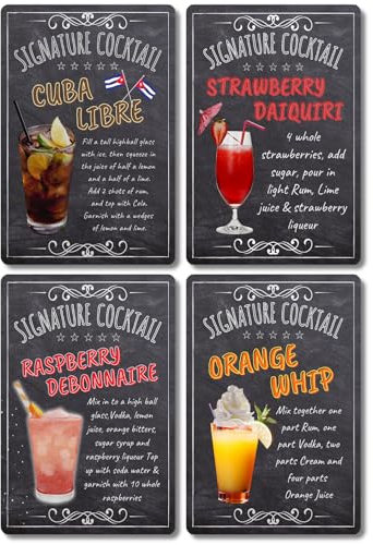 BAR SIGNS Cocktails - Set of Metal Cocktail Recipes Posters, Chalkboard Style Wall Art for Home Decor, Pub, Tiki Bar, Kitchen, Restaurants Pub Man Cave (Summer Cocktails 4PCS 30 x 20cm)