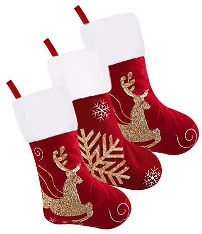 ＣＨＡＭＥＥＮ Nikolausstrumpf Weihnachtsdeko Innen 3er Set, Nikolausstiefel zum Befüllen Weihnachtsstrümpfe Kamin Deko Nikolaussocke Weihnachts Dekoration Nikolaus Socken Rot Pailletten Schneeflocke Elchen