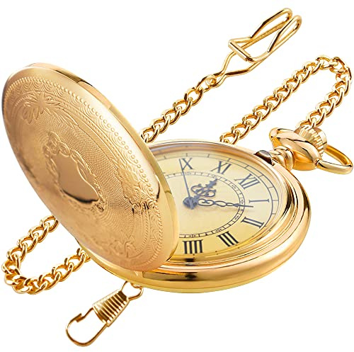 Tiong Gold Smooth Shield Pattern Pocket Watch Roman Digital Scale Quartz Pocket Watches, Men's Pocket Watch with Chain Christmas Graduation Birthday Father's Day