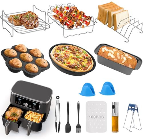 Air Fryer Accessories Set of 13 for Ninja Dual AF451UK AF300UK AF400UK Tower T17088, Including 100Pcs Paper Liner for 7.6-9.5L Dual Zone Air Fryer, Stainless Steel Racks, Baking Pans & Silicone Gloves