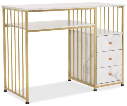 M MCombo Escritorio con cajones, tocador sin Espejo, Mesa de Clavos de Madera, Marco de Metal, Escritorio de la computadora, Sala de Estar Moderna, 45,5 x 109 x 81 cm, 2407 (Blanco)