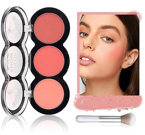 Blushers For Cheeks Make Up, Tricolor Blush Palette with Fiber Brush, Natural-Looking & Long-Lasting Contour Palette, Nude Fine Blush for Women, Skin-friendly Blends Easily Powder Blush
