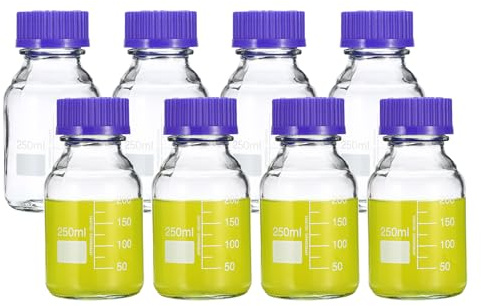 PATIKIL 8 Paquet Media Stockage Bouteilles, 250ml Borosilicate Verre Gradué Rond Bouteilles avec GL45 Bleu Vis Bouchon pour Laboratoire Eau Réactif Liquides, Clair