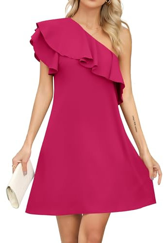 Missufe Vestido corto de verano para mujer, con volantes, con un hombro, asimétrico, hombros descubiertos, vestido corto, Rosa., L
