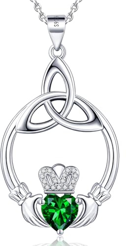 ETERMBOL Emerald Birthstone Necklaces for Women 925 Sterling Silver Irish Claddagh Necklace for Women May Heart Birthstone Pendant Necklace Anniversary Birthday Gifts for Wife Lady