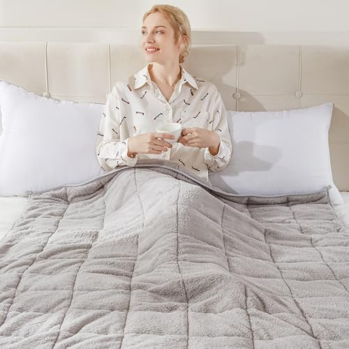 Teddy Fleece Weighted Blanket for Adults Fluffy Quilted Pockets Throw Soft Sherpa Throw Heavy Blanket Winter Sleep Therapy Autism Insomnia Sensory Anxiety Stress Relief Silver Grey, 125 x 150cm - 4kg
