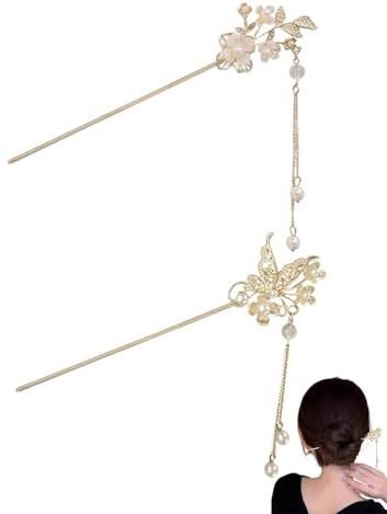 KGDUYC 2 Stück Chinesische Haarknoten, Premium Gefühl Haarstäbchen,Ancient Style Tassel Haarspangen, Coiled Haarnadeln, Hanfu Haardekoration Blumen Haarstäbchen, DIY Haar Geschenke für Mädchen Frauen