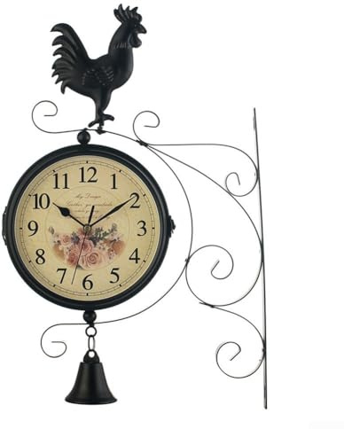 Elegante reloj de pared retro de estación de tren, reloj decorativo de doble cara, adecuado para sala de estar, vestíbulo, porche y pasillo, esfera de color pergamino antiguo atemporal y soporte de
