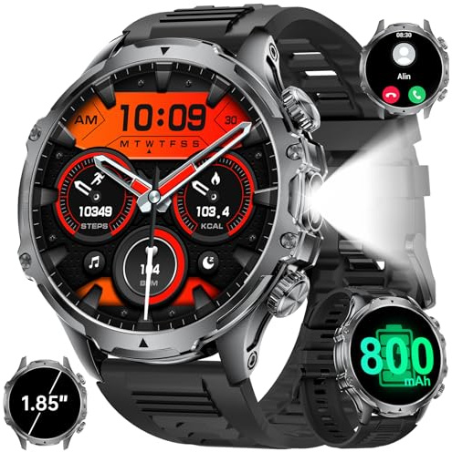 SUNKTA Smartwatch Herren Militär,1,85'' HD-Display/800 mAh Akku Sportuhr mit Taschenlampe/100+ Sportmodi,IP68 Wasserdicht Fitnessuhr mit Herzfrequenz,SpO2,Schlafmonitor für Android/iOS Schwarz Silikon