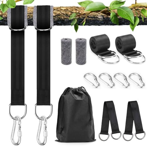 GROOFOO Schaukel Befestigung,Hängematte Befestigung- All-Inclusive Set mit 2 Gurte, 4 Karabiner, 4 D-Ringe, Baumschutzpolstern, Aufbewahrungstasche und 2 Verlängerungsgurte, hält bis zu 550 kg