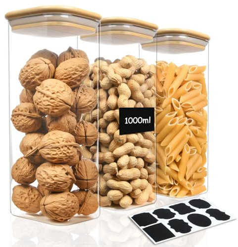 AOOTE Tarros De Bote Cristal Con Tapa,3 Pcs 1000ml Tarros de Vidrio Cocina Almacenaje con 1 pegatinas,Aptos para Lavavajillas,Botes Hermeticos Cristal para Especias,Té,Cereales,Nuez,Harina