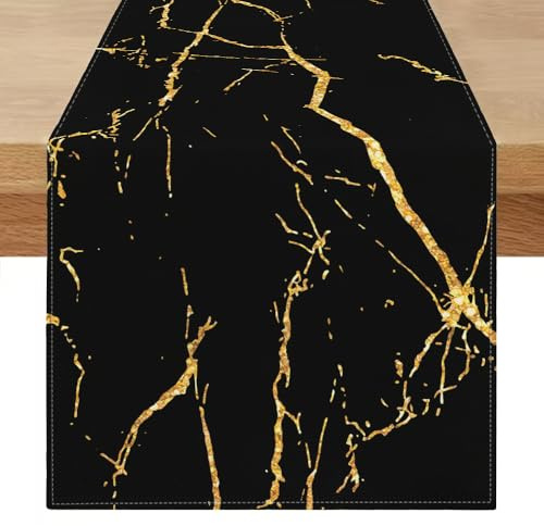 Tischläufer 100x40 Abwaschbar Leinen Tisch Läufer Modern Schwarz Gold Goldene Textur Abstrakte Tischdecke Läufer Frühlings Sommer Kunst Tischdecke für Esszimmer, Kommode, Schlafzimmer