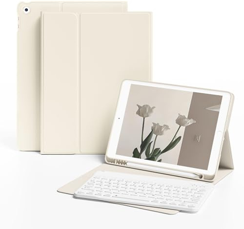KVTVOU Keyboard Case for iPad 9th 8th 7th Gen 2021/2020/2019, Cream White | Magnetic Detachable Bluetooth Keyboard for iPad 9/8/7, English White Keyboard with Shockproof TPU Cover, Auto Wake/Sleep