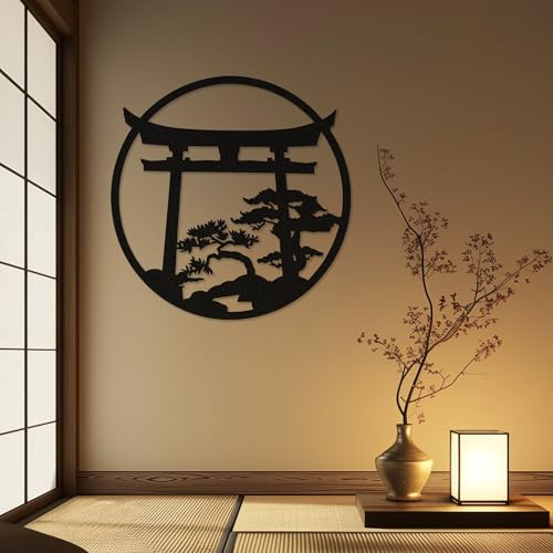 Metal Japanese Torii Gate Wall Decor Metal Bonsai Tree Wall Art Japanese Torii Gate Shinto Religion Decor Asian Decorations for Home Bedroom Patio Outdoor (Black, 23.6x23.3 inch/60x59 cm, Framed)