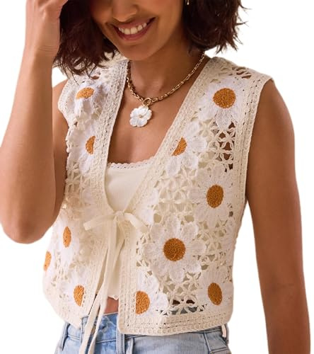 Yojeasrio Women Y2K Crochet Knit Vest Cute Tie Front Tank Top Sleeveless V Neck Crop Hollow Out Vest Sweater Going Out Tops