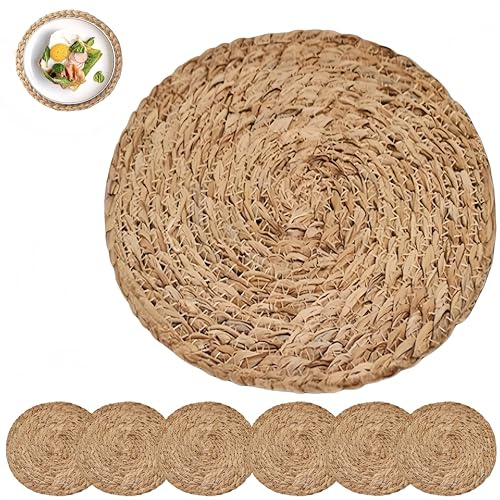 HJYDGJ 6 Stücke Tischuntersetzer Rund Natur Rund Wasserhyazinthe Tischsets Platzset Aus Seegras Ischset Geflochten Aus Wasserhyazinthe Tisch Untersetzer-Set Platzdeckchen