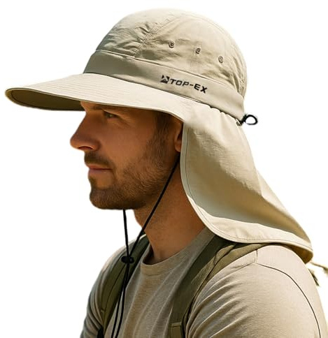 TOP-EX Mens Wide Brim Sun Hat with Neck Protection UPF 50 Cooling Hat for Fishing Hiking Adjustable Foldable Outdoor Cap for Large Heads Light Khaki L/XL