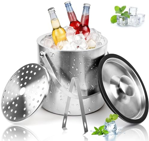 TPVUPC 3L Seau a Glacon, Seau à Glace en Acier Inoxydable, Seau à Glace avec Couvercle et Clip a Filtre, Seau à Glace Isotherme Double Paroi pour Fêtes, Bière, Cocktails, Vin Frais