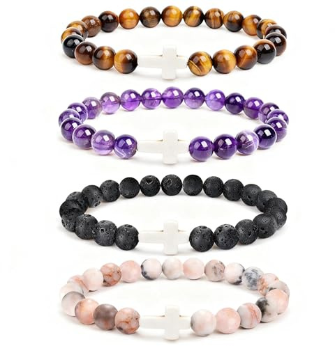 Senteen Armband Damen, 4 Stück 8mm Armband Natursteine Frau Perlenarmband Armband mit Natürlichen Edelsteinen Armbänder Damen Perlen Heilsteine Teenager Mädchen Geschenke für Frauen mit Kreuz