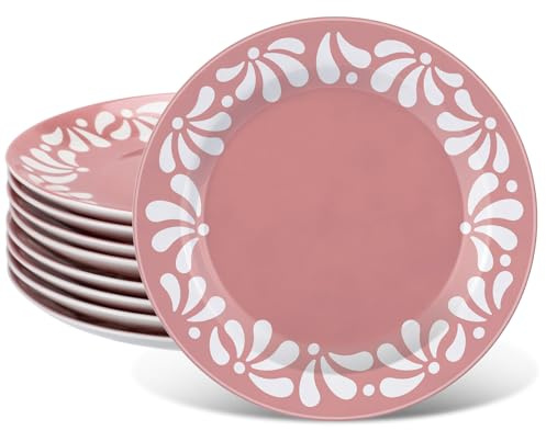 Potchen 8 Pcs Pink Cielito Lindo Party Decoration Ceramic Plates Mexican Party Tableware Set Round De Barro Talavera Salad Plate for Dishwasher Oven Safe Baby Shower Talavera Wedding