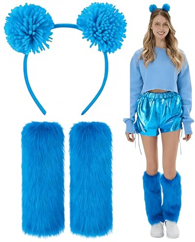PEZPEOR Lot de 2 accessoires de costume d'ours avec bandeau à pompons, chauffe-jambes moelleux, pompons, nœud pour cheveux et bottes en fourrure, adultes et femmes (bleu)
