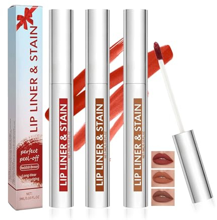3PCS Delineador de Labios Peel Off Set,Tinte Labial de Larga Duración, Waterproof y Sin Transferencia,Perfilador Labios Alta Pigmentación para Maquillaje Natural,Color Marrón Rojizo,Café,Cacao