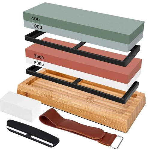 Sharpening Stones for Kitchen Knives 400 1000 3000 8000 Grit Whetstone Knife Sharpener with Non-Slip Wood Base, Flattening Stone, Angle Guide and Leather Strop