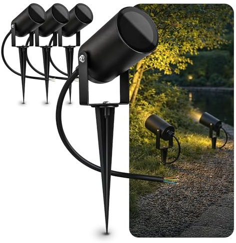 SSC-LUXon 4 x KALOA trädgårdsstrålkastare med GU10-sockel svängbar – indirekt trädgård IP44 med jordspets och kabel för direktanslutning till 230 V