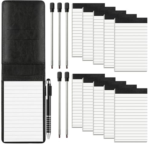 Yoreva 17 Stück Notizbuch Klein Set, Mini Notizbuch A7, Notizblock Klein | mit 10 Stück Notizblöcke und Kugelschreiber, PU Leder Schwarzer Einband mit 5 Ersatzminen für Aktivitäten Im Freien