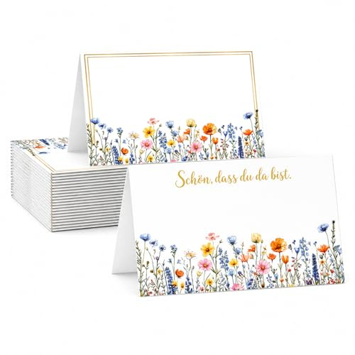 Tischkarten Schön dass du da bist 50 Stück – Platzkarten mit Blumen für Namensschilder Hochzeit & Tischkärtchen – Faltkarten Set als Deko Hochzeit & Geburtstag & Taufe