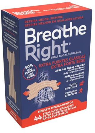 Breathe Right Extra Fuertes - 44 Tiras Nasales | 50% Más Resistentes | Alivio Instantáneo de la Congestión Nasal y Ronquidos | Mejora la Respiración y el Sueño | Ideales para Deporte