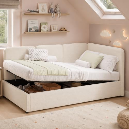 Arhatreya Polsterbett Daybett 90x200 cm mit hydraulischem Bettkasten | Ohne Matratze, Tagesbett mit Stauraum, links und rechts montierbar, Bouclé-Stoff, Beige