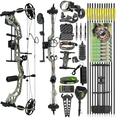 PYMUST Arco compound destrimani regolabile 35-70 lbs velocità IBO 320 FPS sgravio 80%, kit frecce carbonio per caccia outdoor e allenamento bersaglio