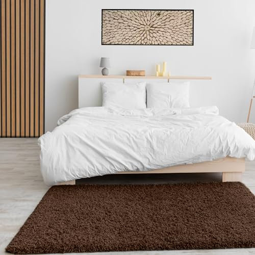 VIMODA Prime Shaggy Hochflor Langflor Teppich Einfarbig Modern Braun, Maße:70x140 cm