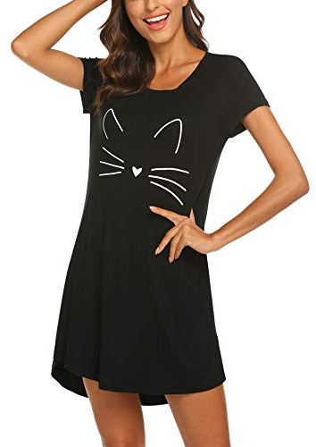 MAXMODA Damen Nachthemd Printed Kurzarm Scoopneck High Low Sleep Tee schwarz Katze XL